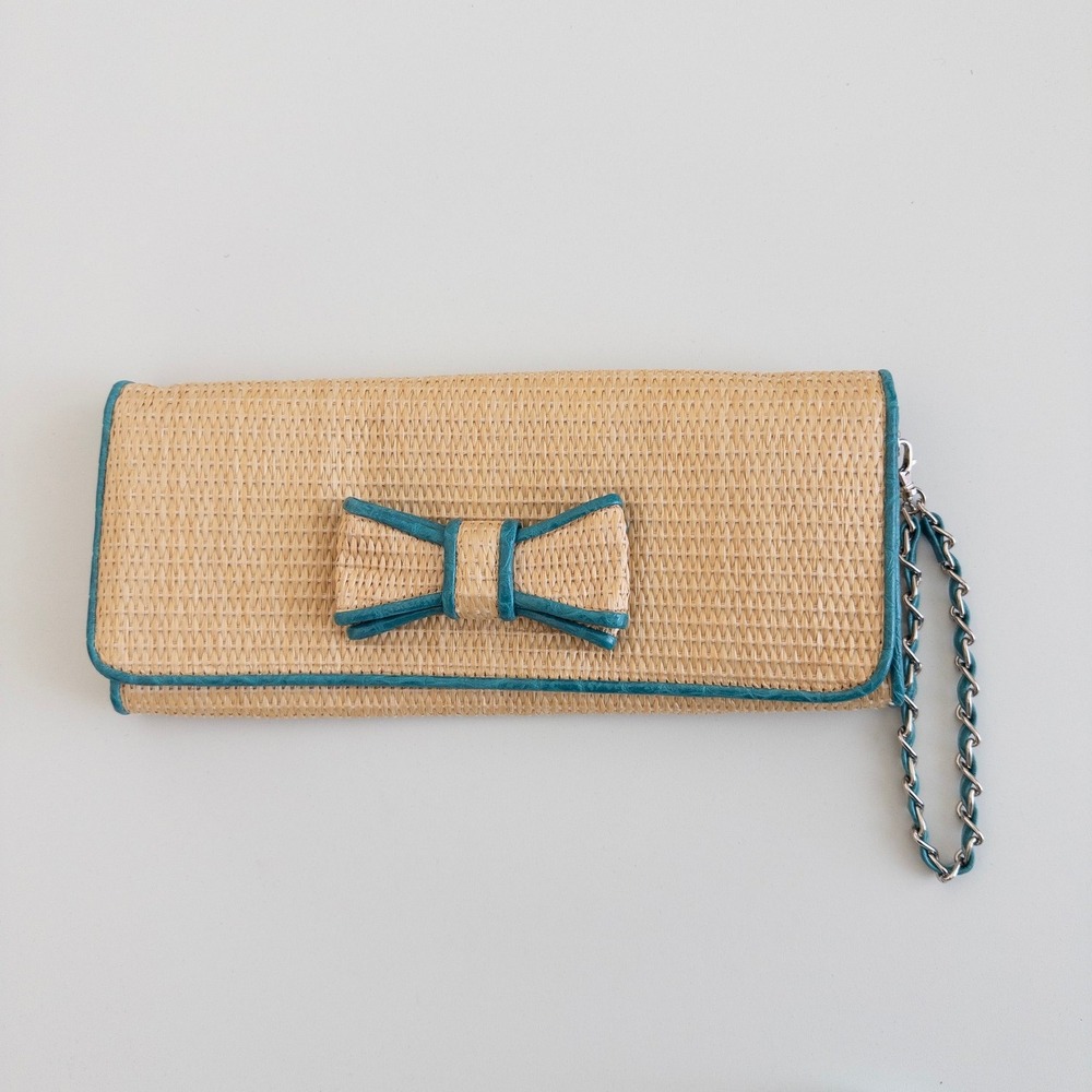 Woven Strae Clutch Size OS Tan Teal Trim Bow Chain Resort Boho Coastal Beach